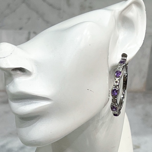 African Amethyst Large Silver Hoop Earrings - Picture 2 of 13